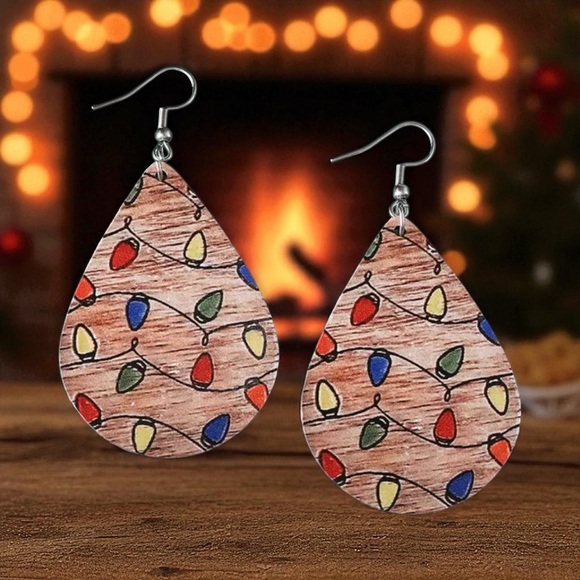 Colorful Christmas Lights Teardrop Wooden Earrings - Picture 1 of 2